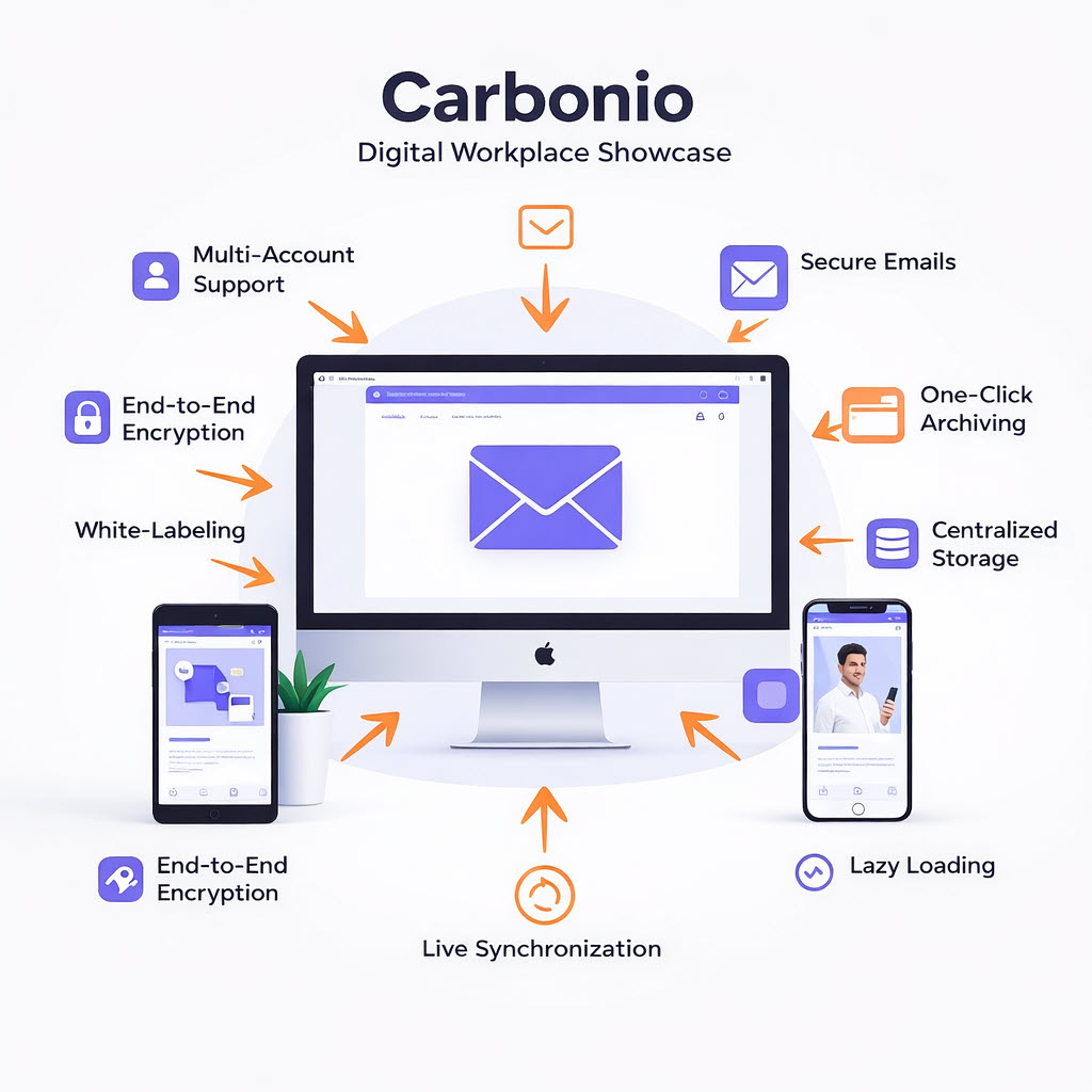 Carbonio Digital Workplace Features - แสดงฟีเจอร์การทำงานบน Desktop, Tablet และ Mobile พร้อมการ sync ข้อมูลแบบ real-time